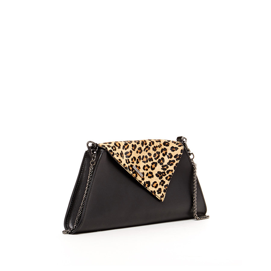 Angelica Black Leather Clutch Bag (Leopard)