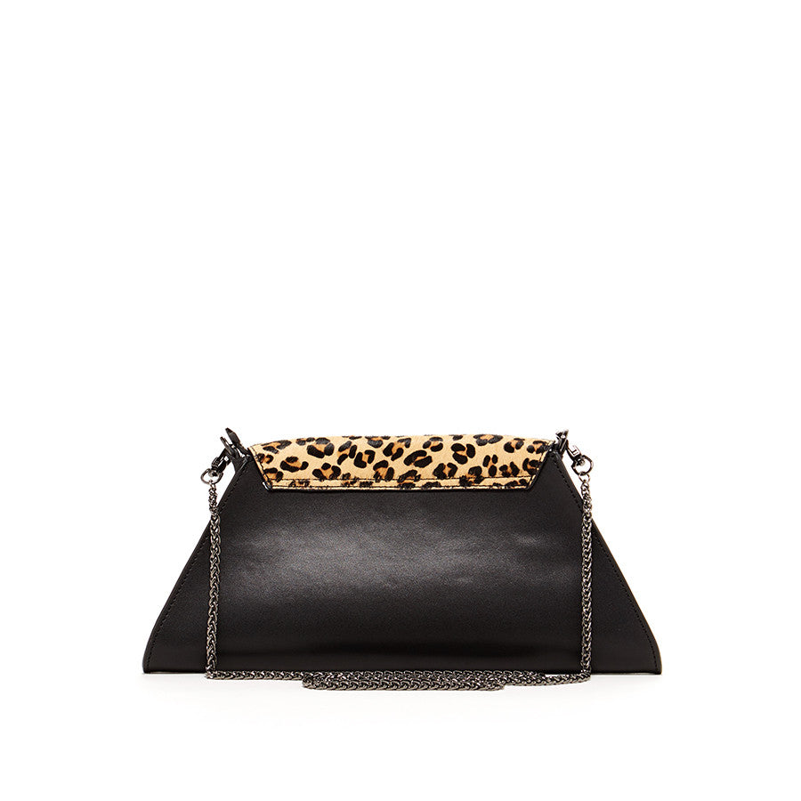 Angelica Black Leather Clutch Bag (Leopard)