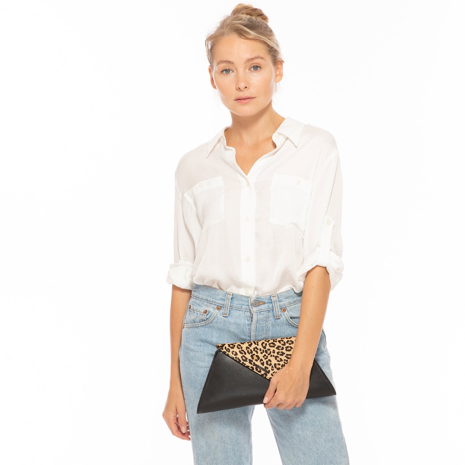 Angelica Black Leather Clutch Bag (Leopard)