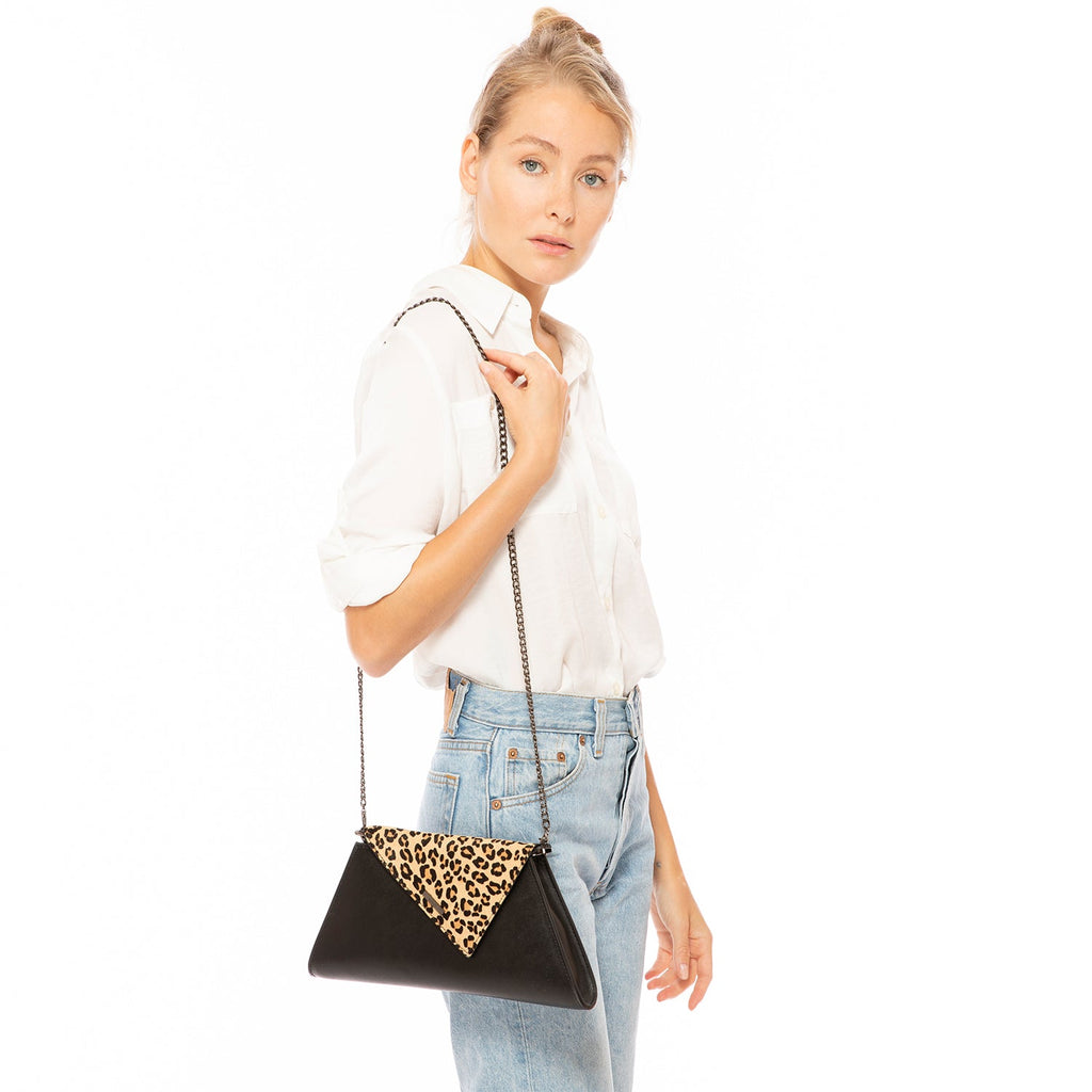 Angelica Black Leather Clutch Bag (Leopard)