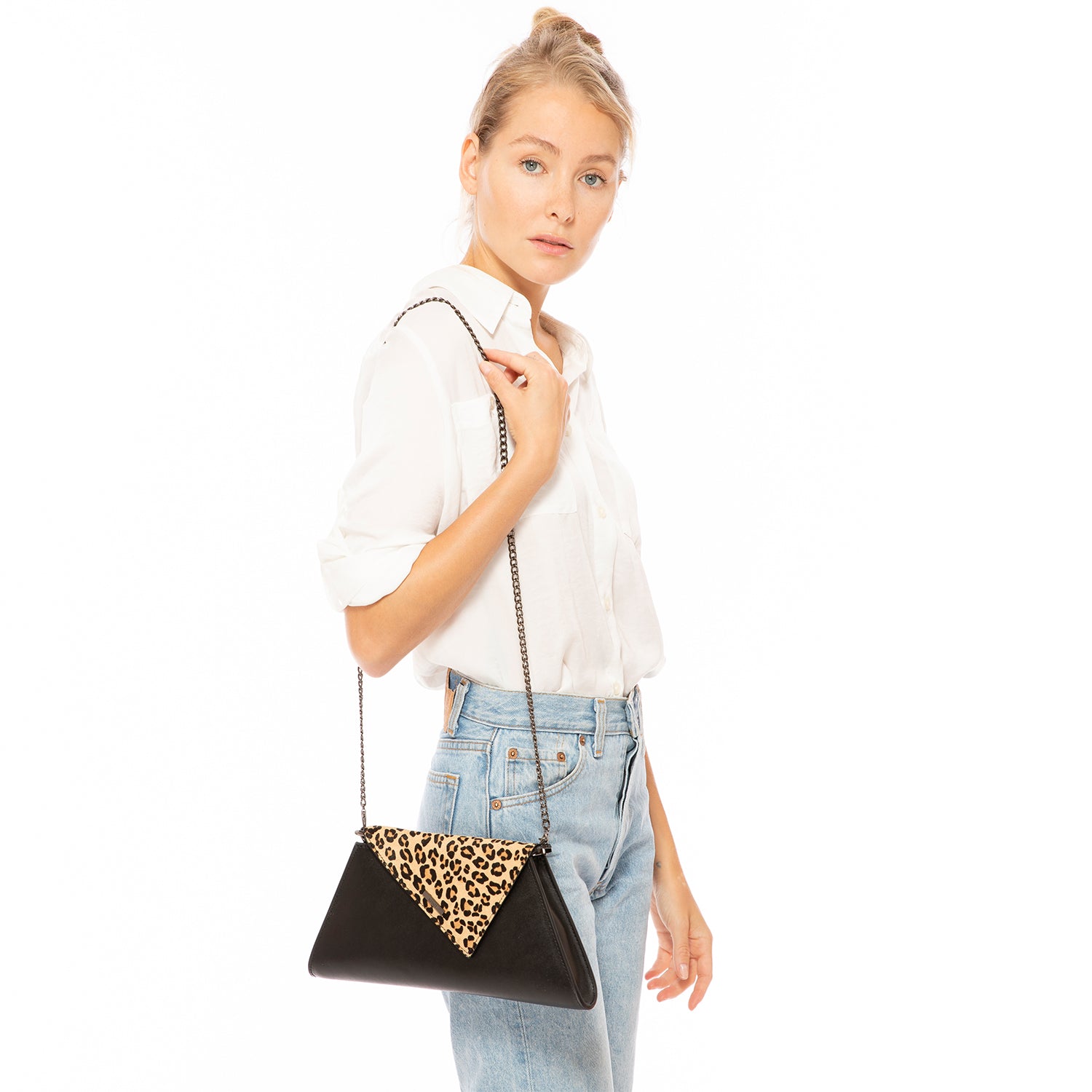 Angelica Black Leather Clutch Bag (Leopard)